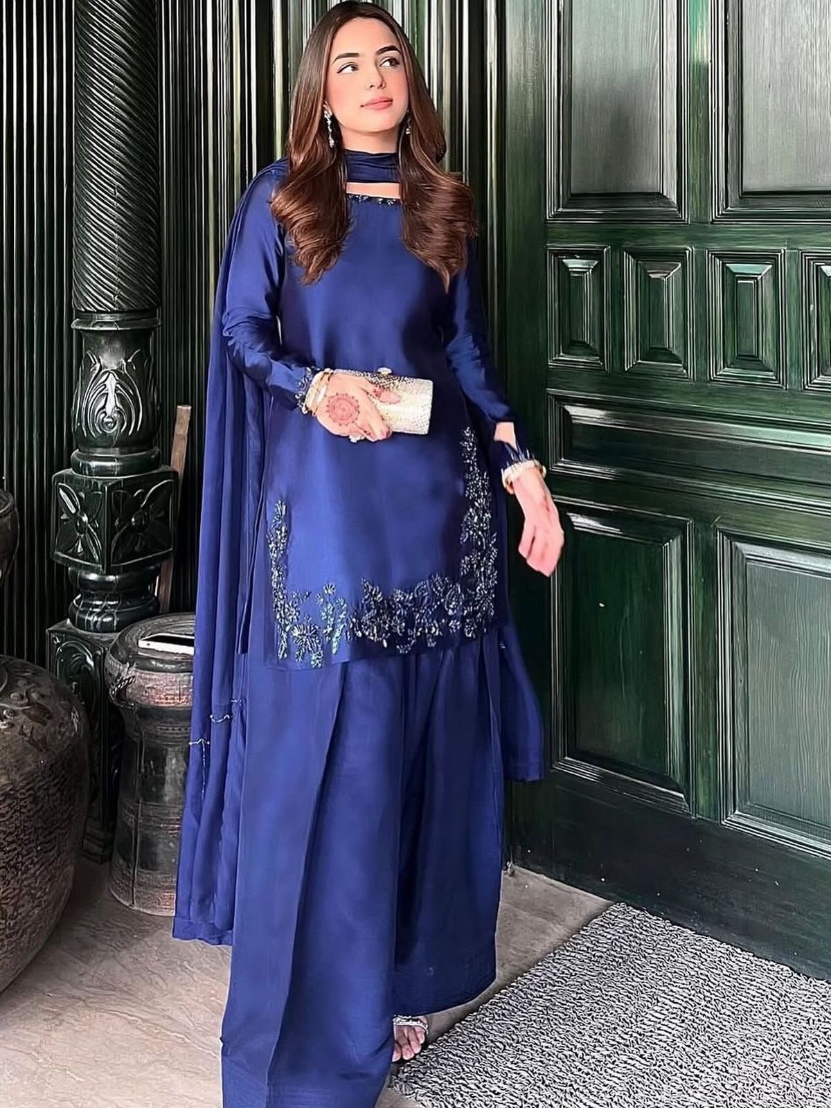 Sangria Floral Embroidered V-Neck A-Line Kurta With Trousers & Dupatta